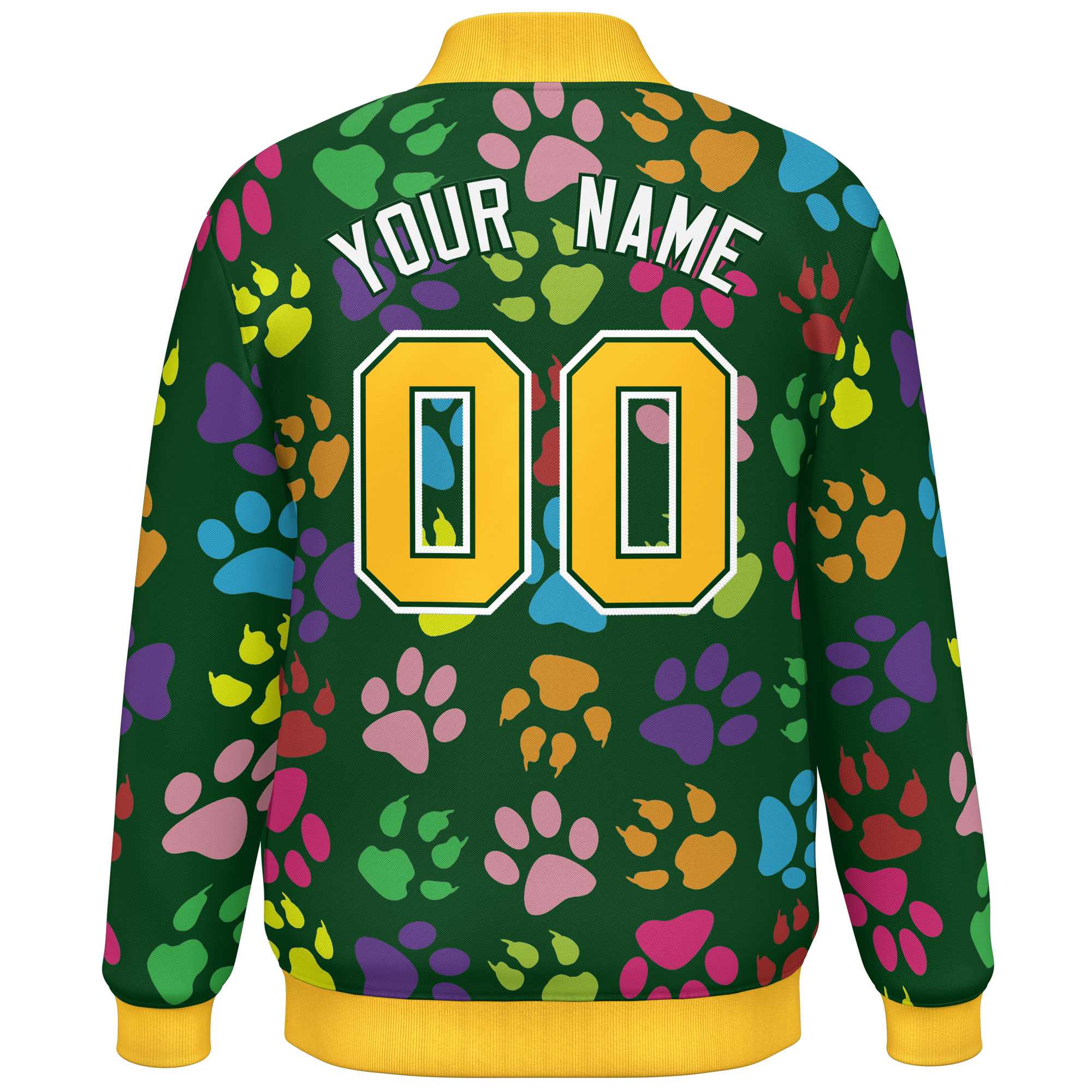 Custom Green Gold-White Varsity Pets Paw Prints Graffiti Pattern Letterman Baseball Jacket