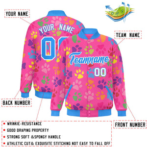 Custom Pink Powder Blue-White Varsity Pets Paw Prints Graffiti Pattern Letterman Baseball Jacket