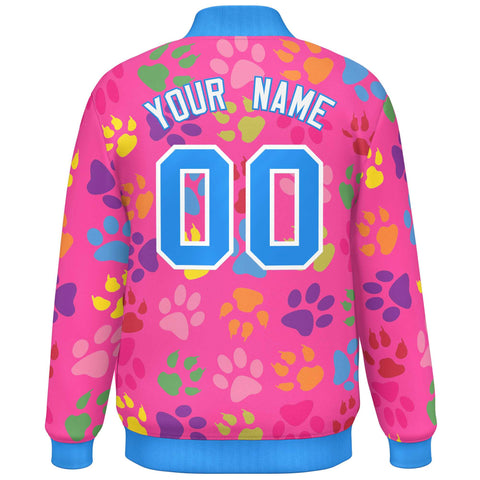 Custom Pink Powder Blue-White Varsity Pets Paw Prints Graffiti Pattern Letterman Baseball Jacket