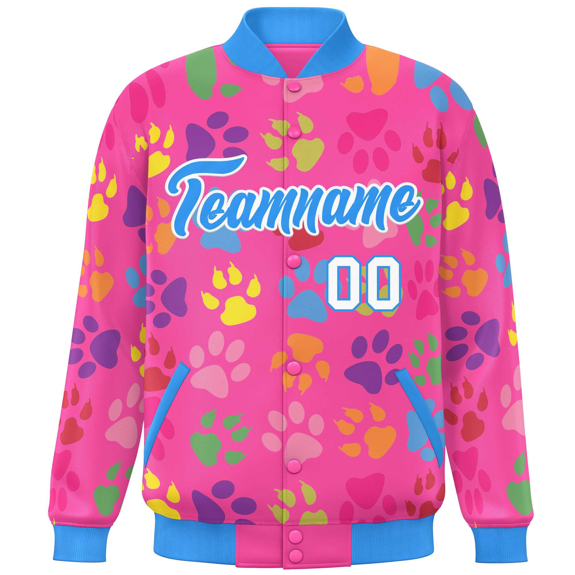 Custom Pink Powder Blue-White Varsity Pets Paw Prints Graffiti Pattern Letterman Baseball Jacket