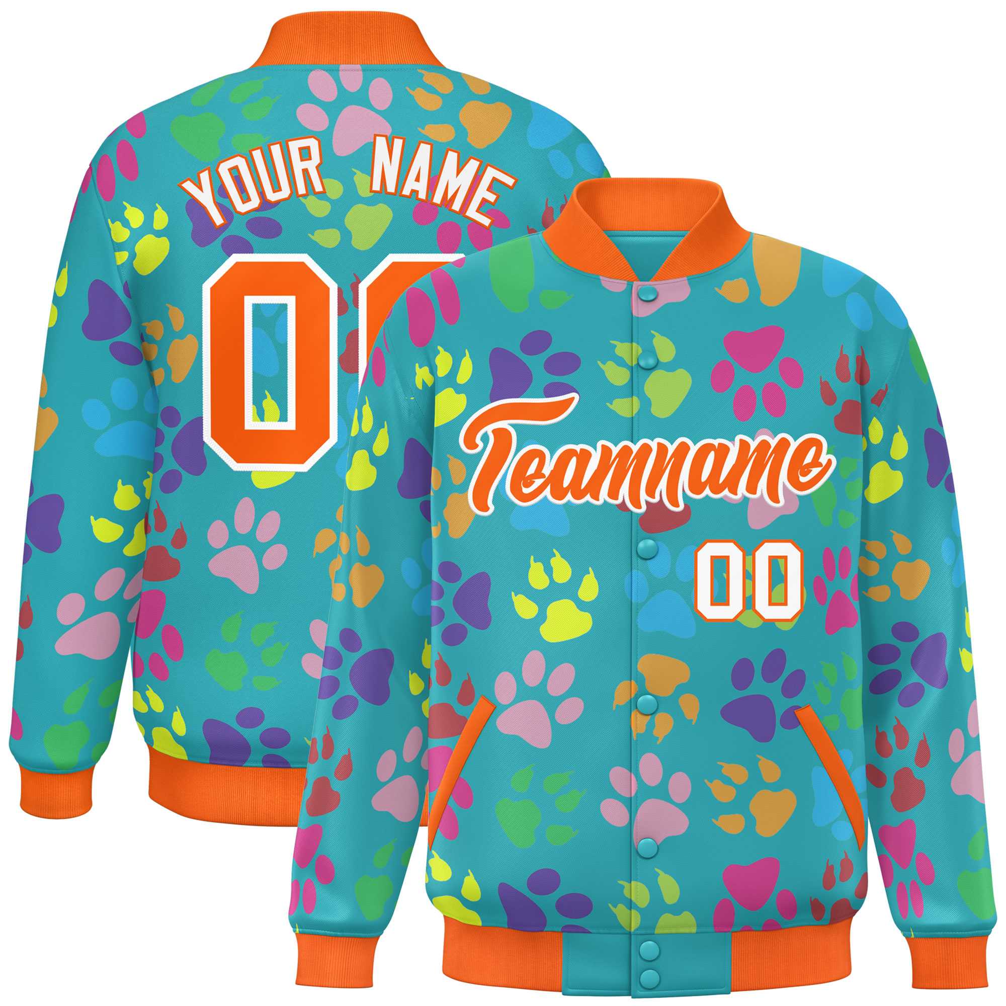 Custom Aqua Orange-White Varsity Pets Paw Prints Graffiti Pattern Letterman Baseball Jacket