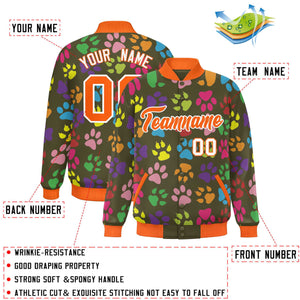 Custom Olive Orange-White Varsity Pets Paw Prints Graffiti Pattern Letterman Baseball Jacket