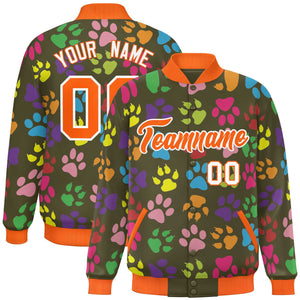 Custom Olive Orange-White Varsity Pets Paw Prints Graffiti Pattern Letterman Baseball Jacket