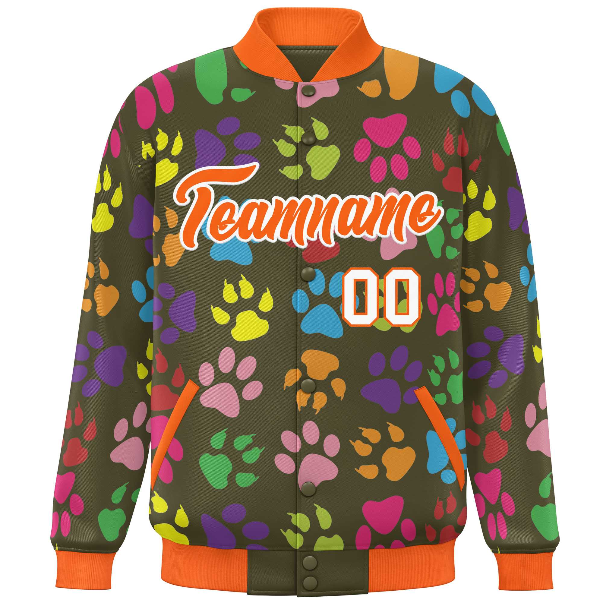 Custom Olive Orange-White Varsity Pets Paw Prints Graffiti Pattern Letterman Baseball Jacket