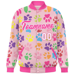 Custom Pink White Varsity Pets Paw Prints Graffiti Pattern Letterman Baseball Jacket