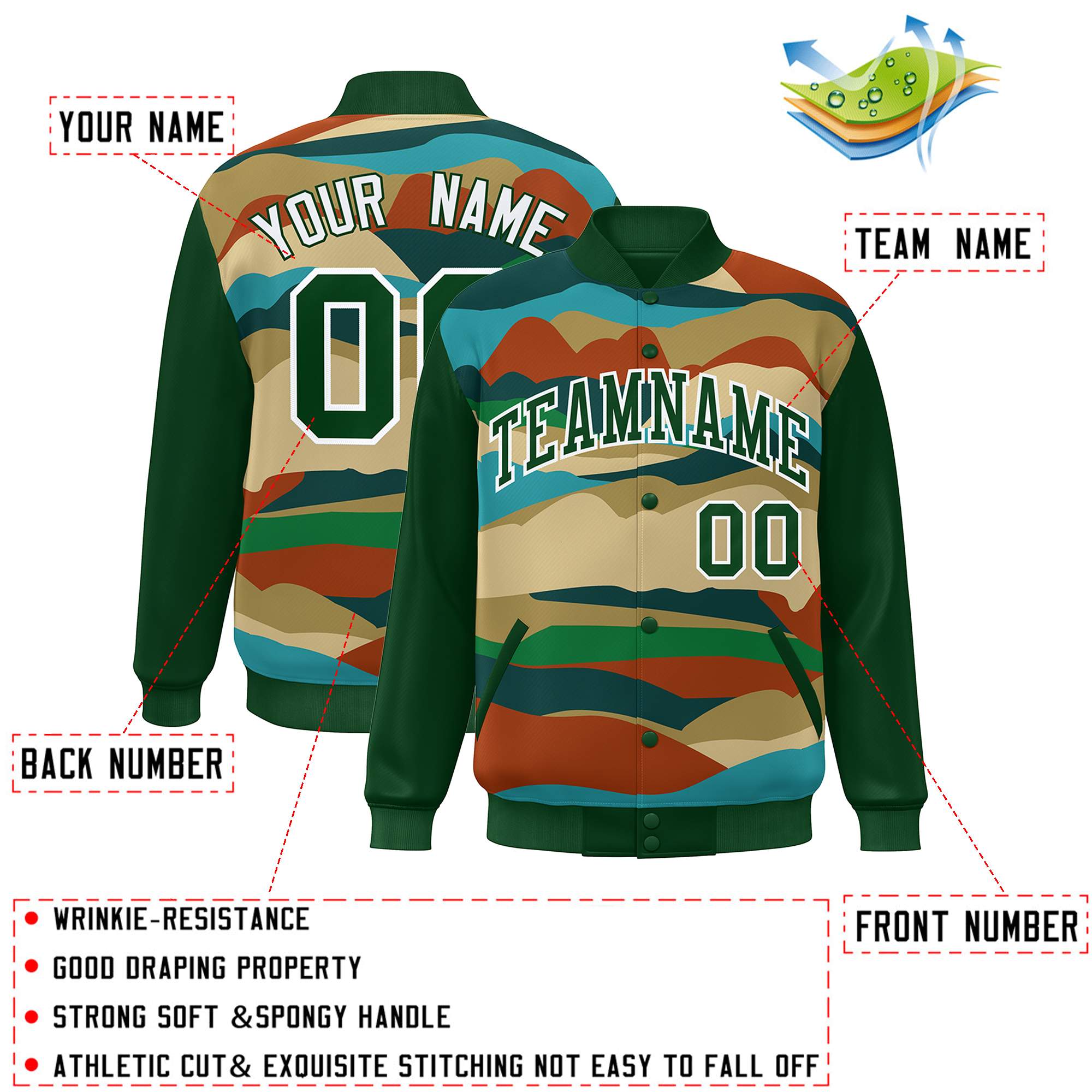 Custom Green White Multi Clouds Graffiti Pattern Varsity Full-Snap Jacket