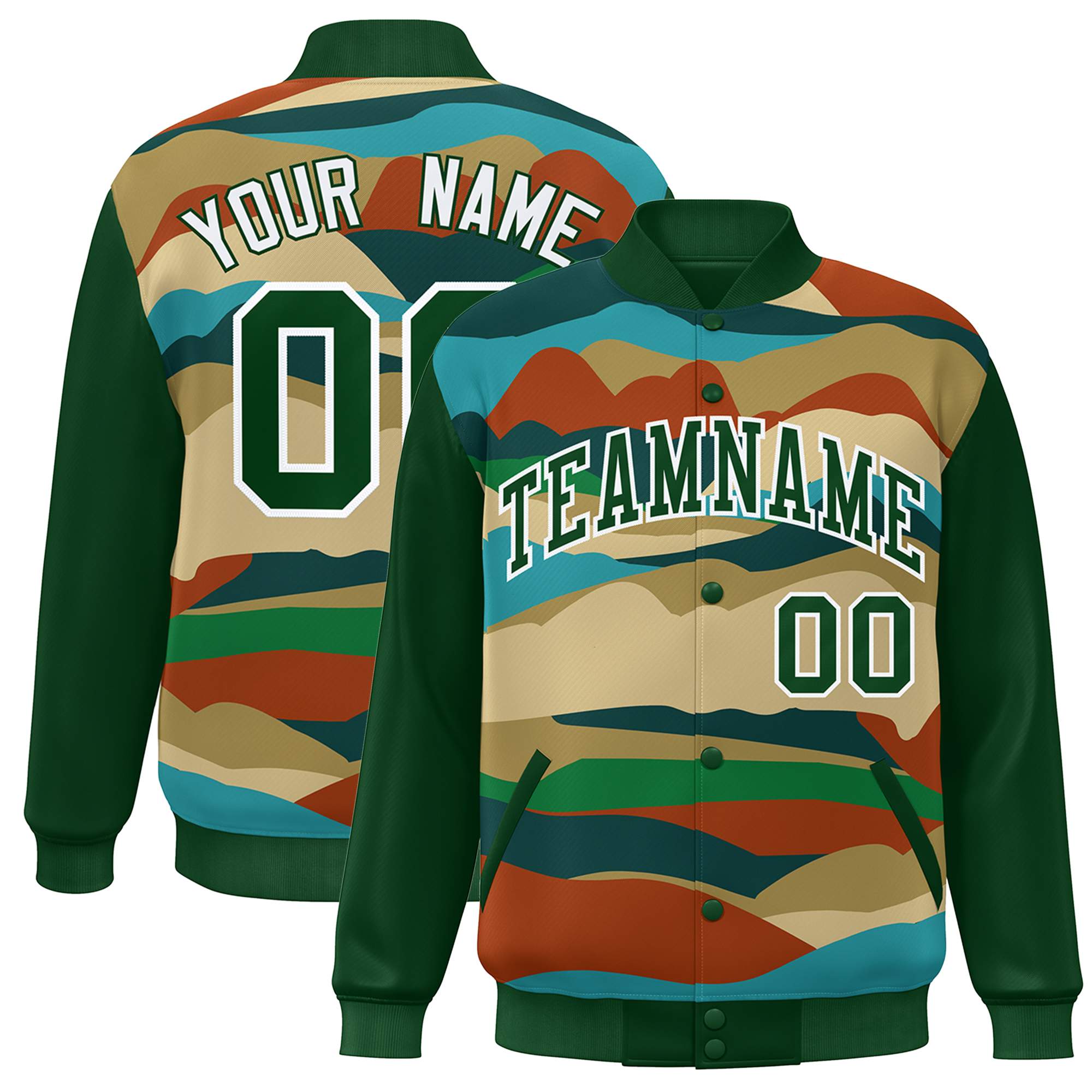 Custom Green White Multi Clouds Graffiti Pattern Varsity Full-Snap Jacket