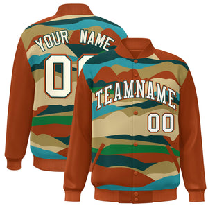 Custom Orange Khaki-Midnight Green Multi Clouds Graffiti Pattern Varsity Full-Snap Jacket