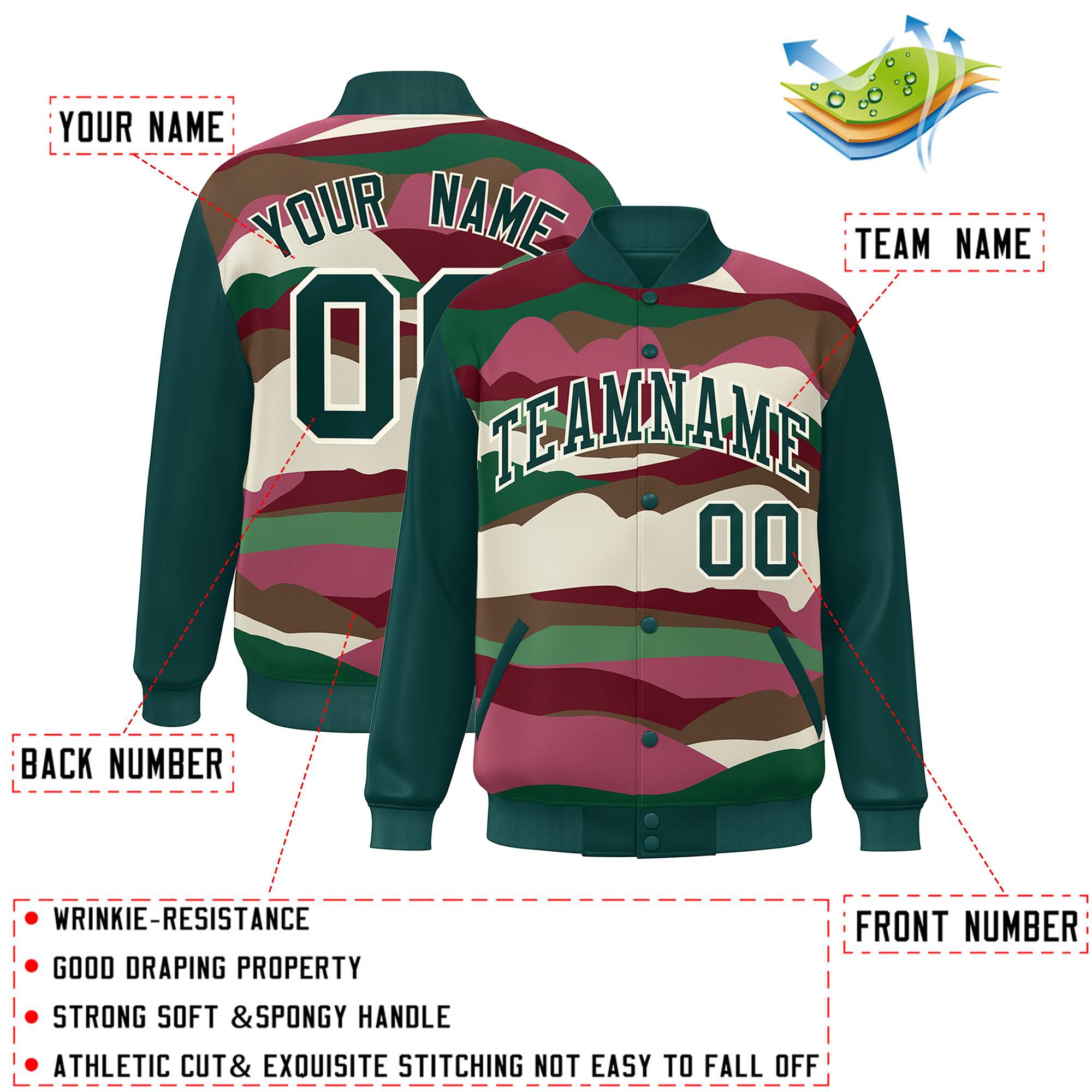 Custom Midnight Green Cream Multi Clouds Graffiti Pattern Varsity Full-Snap Jacket