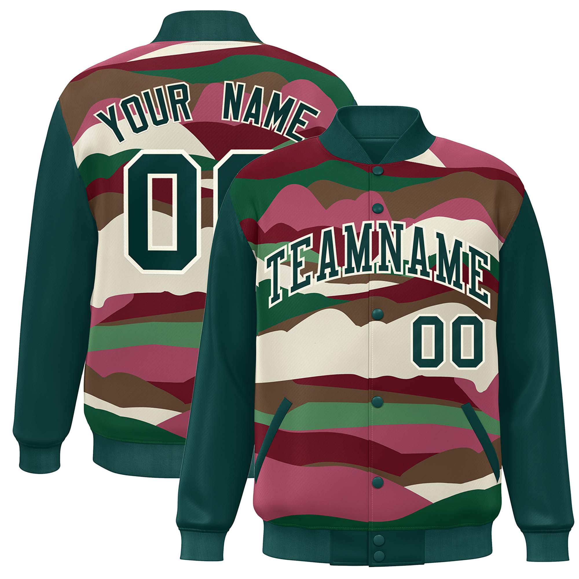 Custom Midnight Green Cream Multi Clouds Graffiti Pattern Varsity Full-Snap Jacket