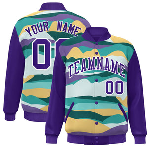 Custom Purple White Multi Clouds Graffiti Pattern Varsity Full-Snap Jacket