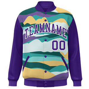 Custom Purple White Multi Clouds Graffiti Pattern Varsity Full-Snap Jacket