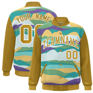 Custom Old Gold White Multi Clouds Graffiti Pattern Varsity Full-Snap Jacket