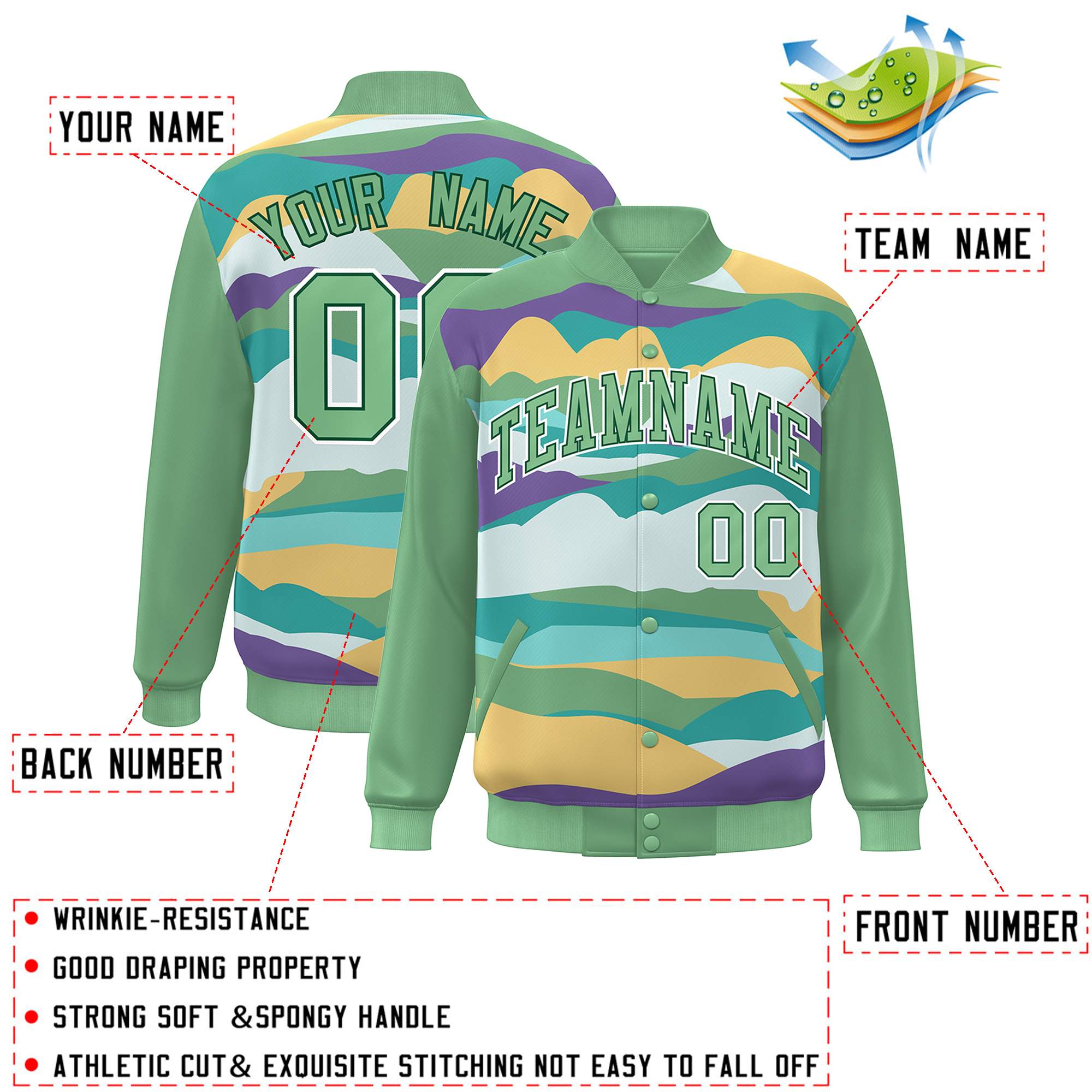 Custom Green White Multi Clouds Graffiti Pattern Varsity Full-Snap Jacket