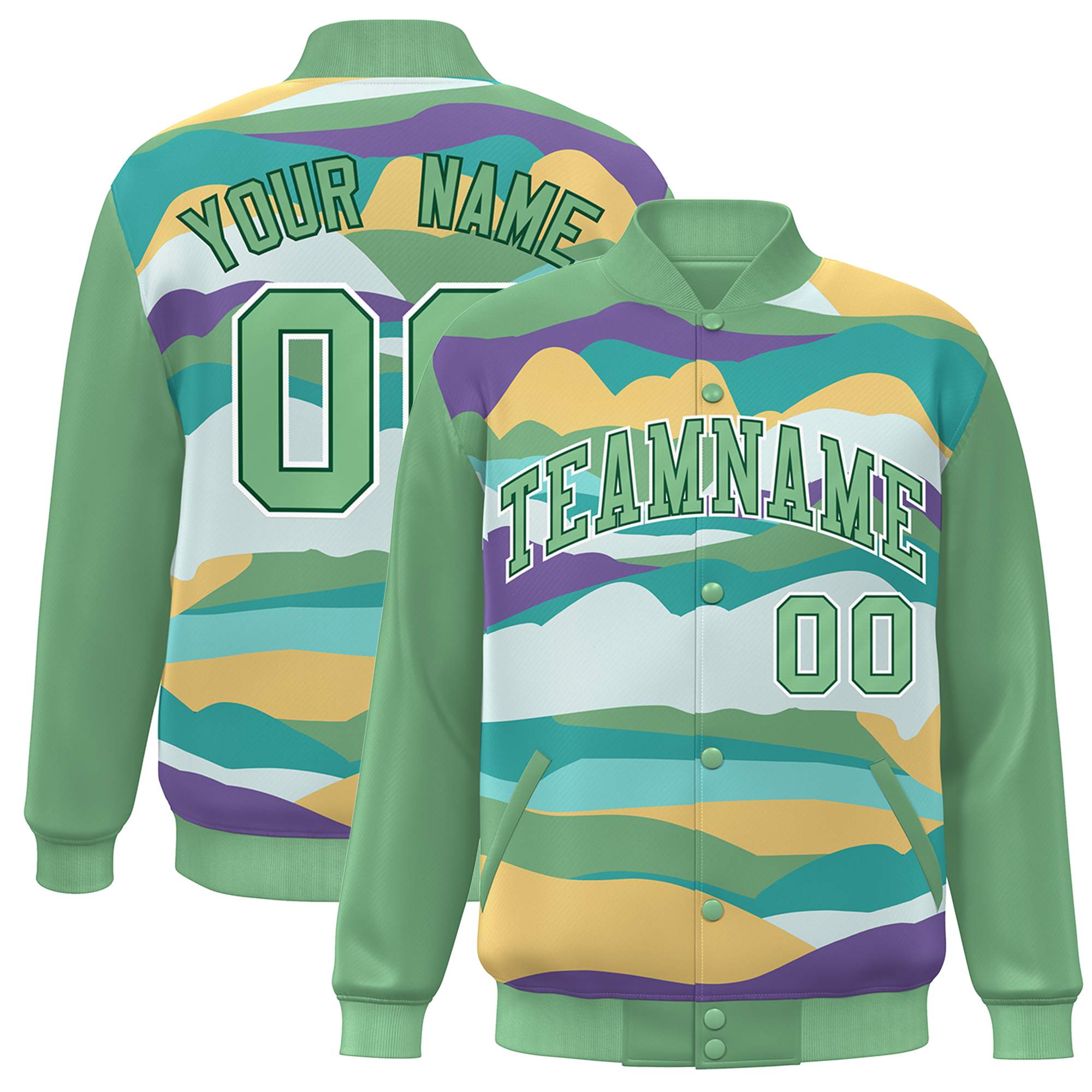 Custom Green White Multi Clouds Graffiti Pattern Varsity Full-Snap Jacket