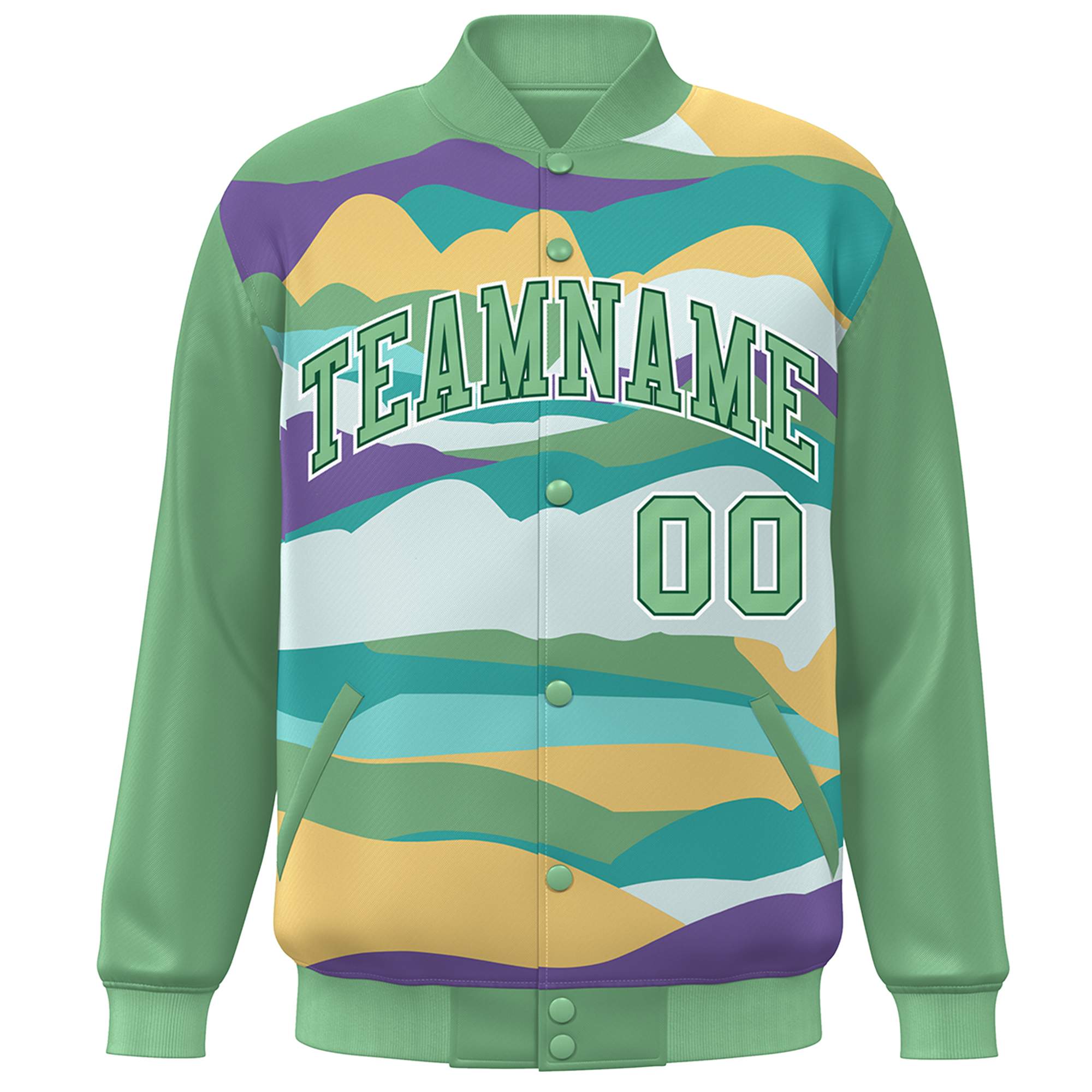 Custom Green White Multi Clouds Graffiti Pattern Varsity Full-Snap Jacket