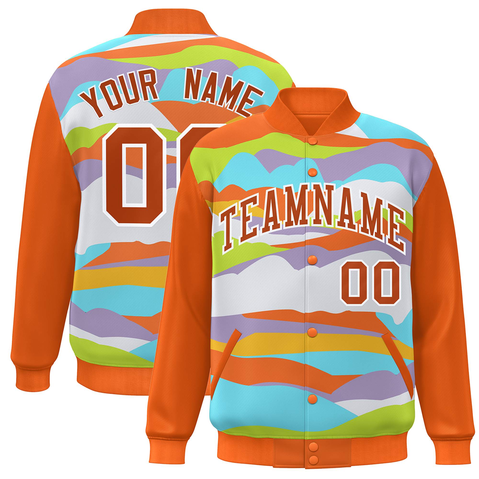 Custom Orange White Multi Clouds Graffiti Pattern Varsity Full-Snap Jacket