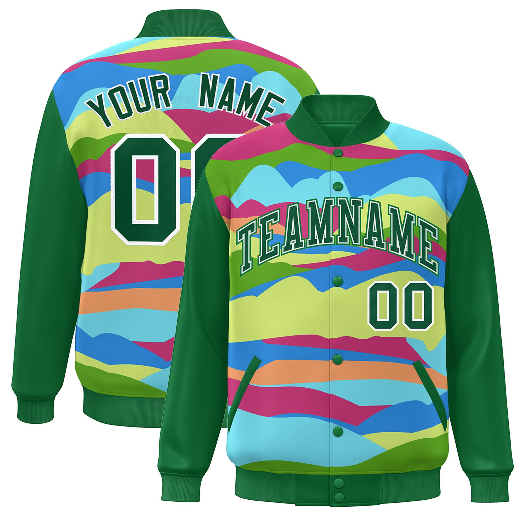 Custom Kelly Green White Multi Clouds Graffiti Pattern Varsity Full-Snap Jacket