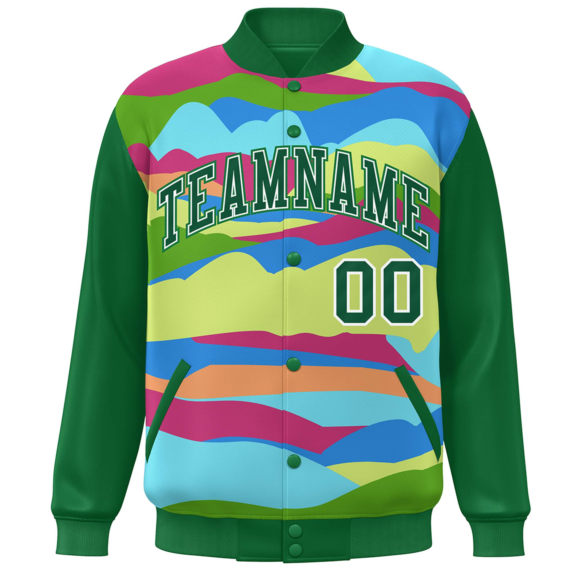 Custom Kelly Green White Multi Clouds Graffiti Pattern Varsity Full-Snap Jacket