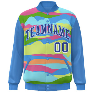 Custom Powder Blue Royal-White Multi Clouds Graffiti Pattern Varsity Full-Snap Jacket