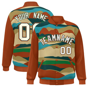 Custom Orange Khaki-Midnight Green Multi Clouds Graffiti Pattern Varsity Full-Snap Jacket