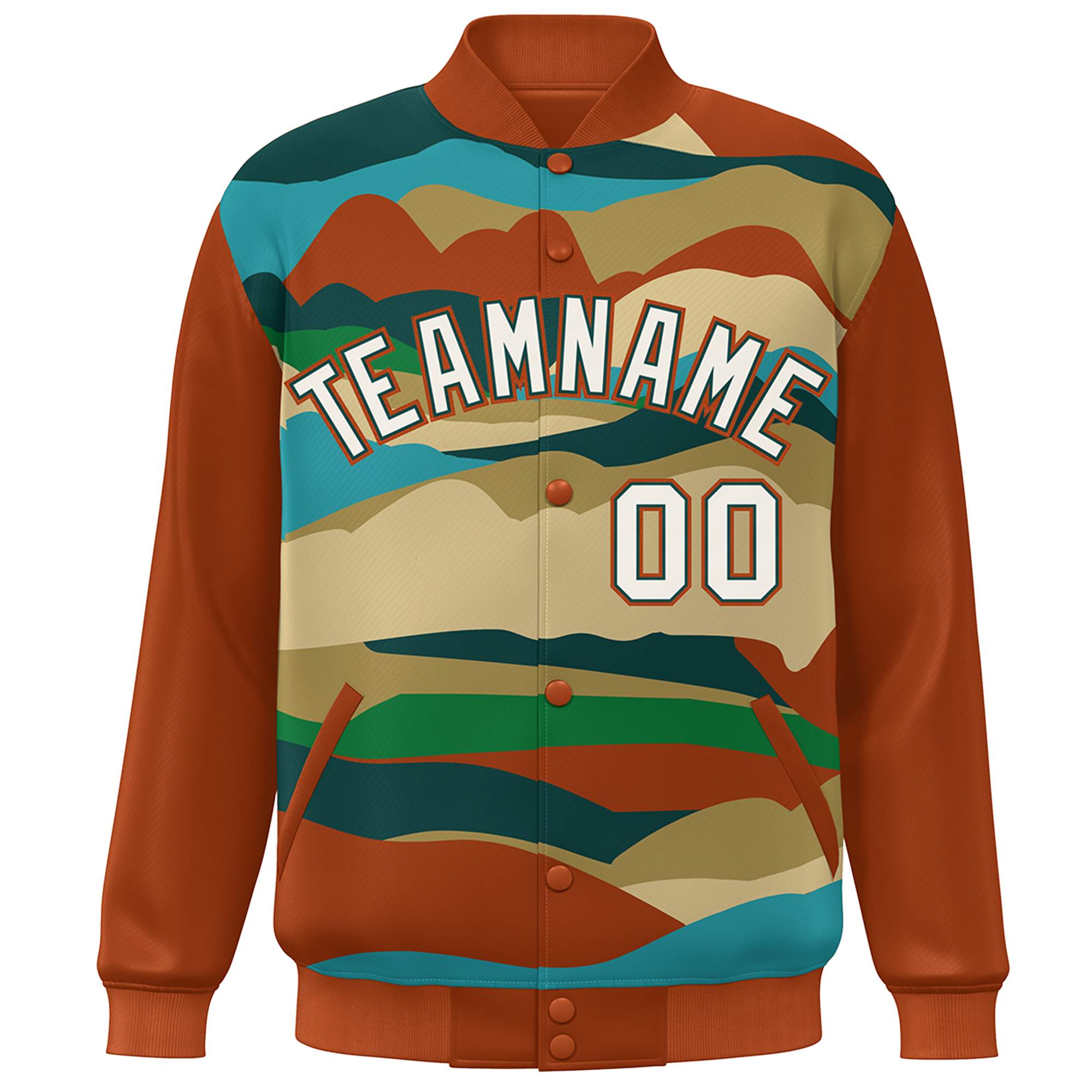 Custom Orange Khaki-Midnight Green Multi Clouds Graffiti Pattern Varsity Full-Snap Jacket