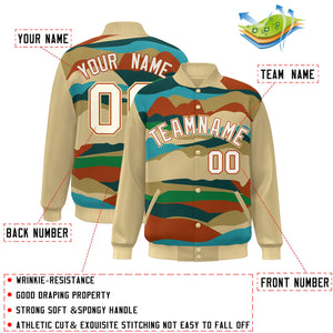 Custom Khaki Cream-Orange Multi Clouds Graffiti Pattern Varsity Full-Snap Jacket