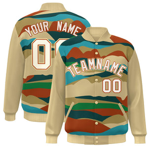 Custom Khaki Cream-Orange Multi Clouds Graffiti Pattern Varsity Full-Snap Jacket