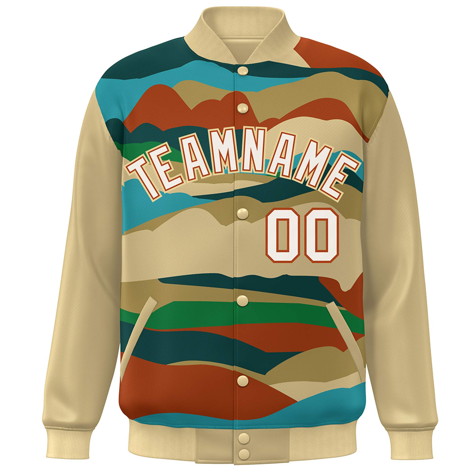 Custom Khaki Cream-Orange Multi Clouds Graffiti Pattern Varsity Full-Snap Jacket