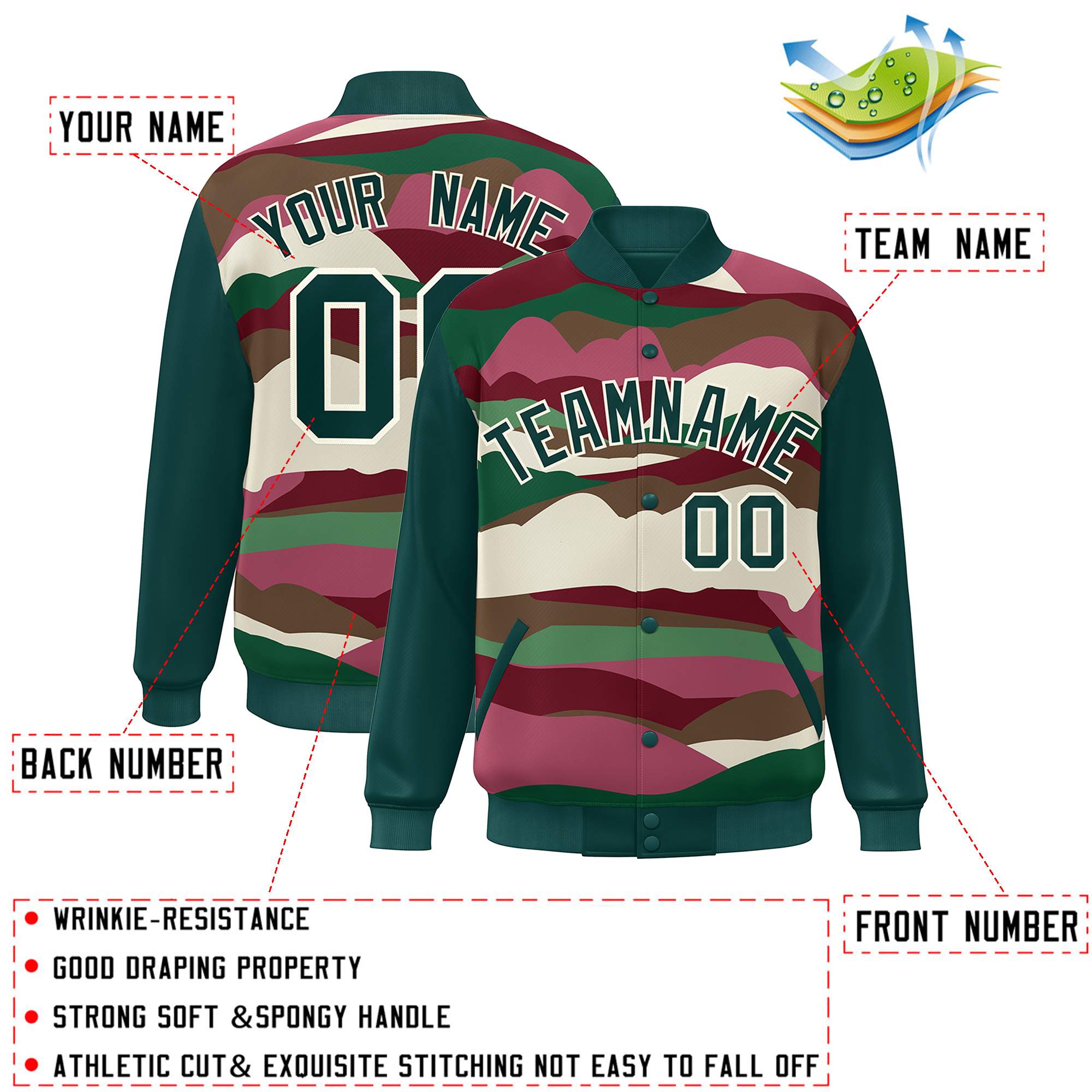 Custom Midnight Green Cream Multi Clouds Graffiti Pattern Varsity Full-Snap Jacket