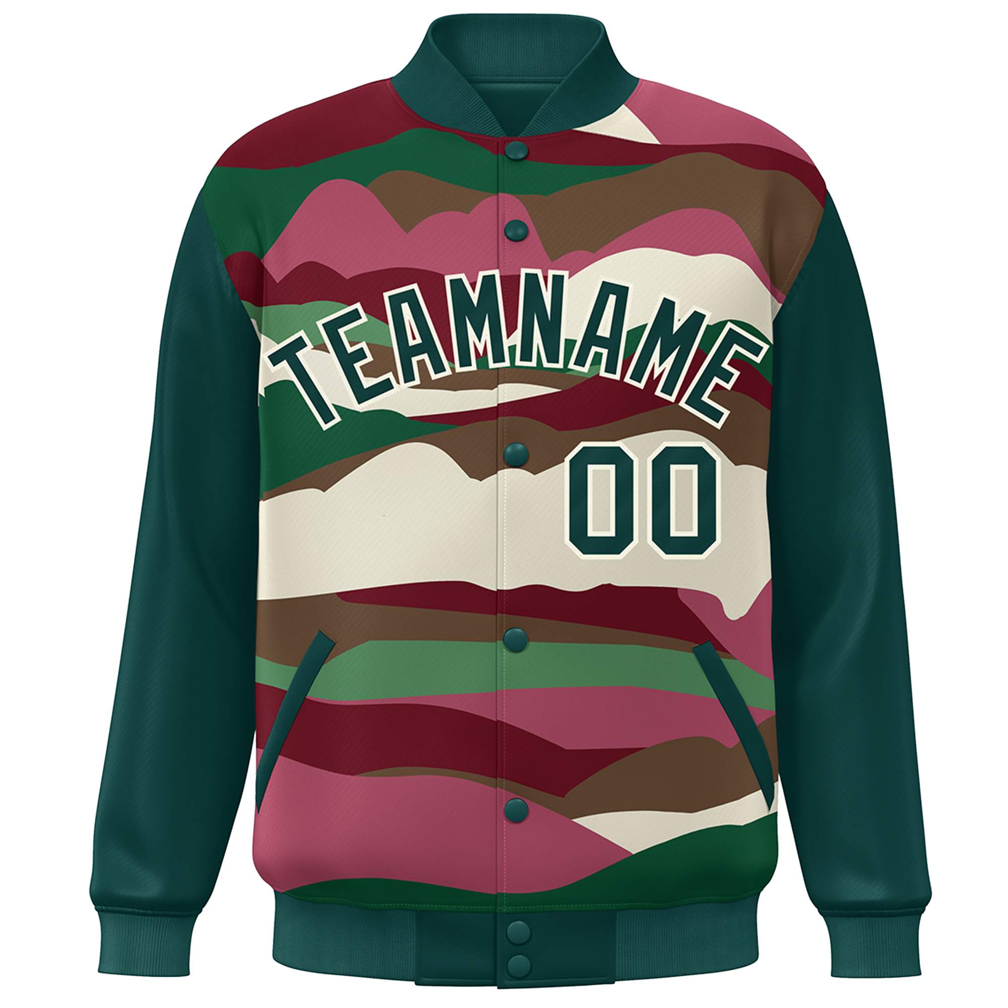 Custom Midnight Green Cream Multi Clouds Graffiti Pattern Varsity Full-Snap Jacket