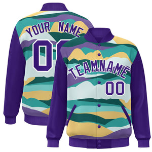 Custom Purple White Multi Clouds Graffiti Pattern Varsity Full-Snap Jacket