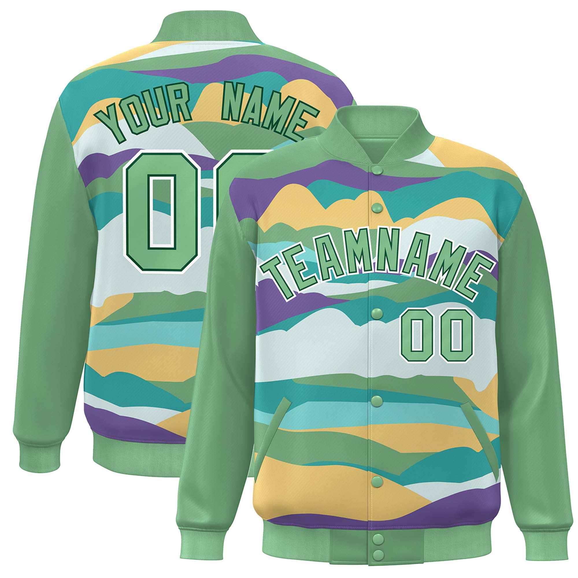 Custom Green White Multi Clouds Graffiti Pattern Varsity Full-Snap Jacket