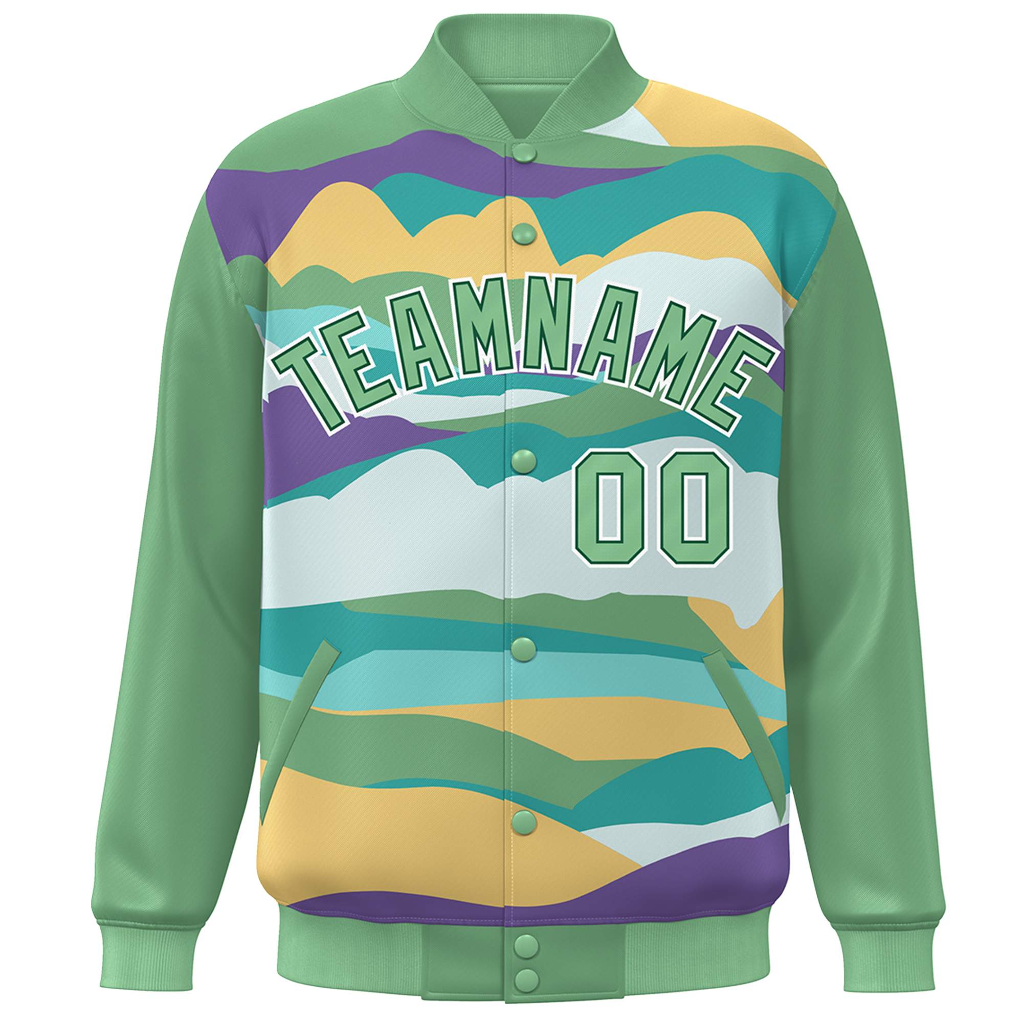 Custom Green White Multi Clouds Graffiti Pattern Varsity Full-Snap Jacket