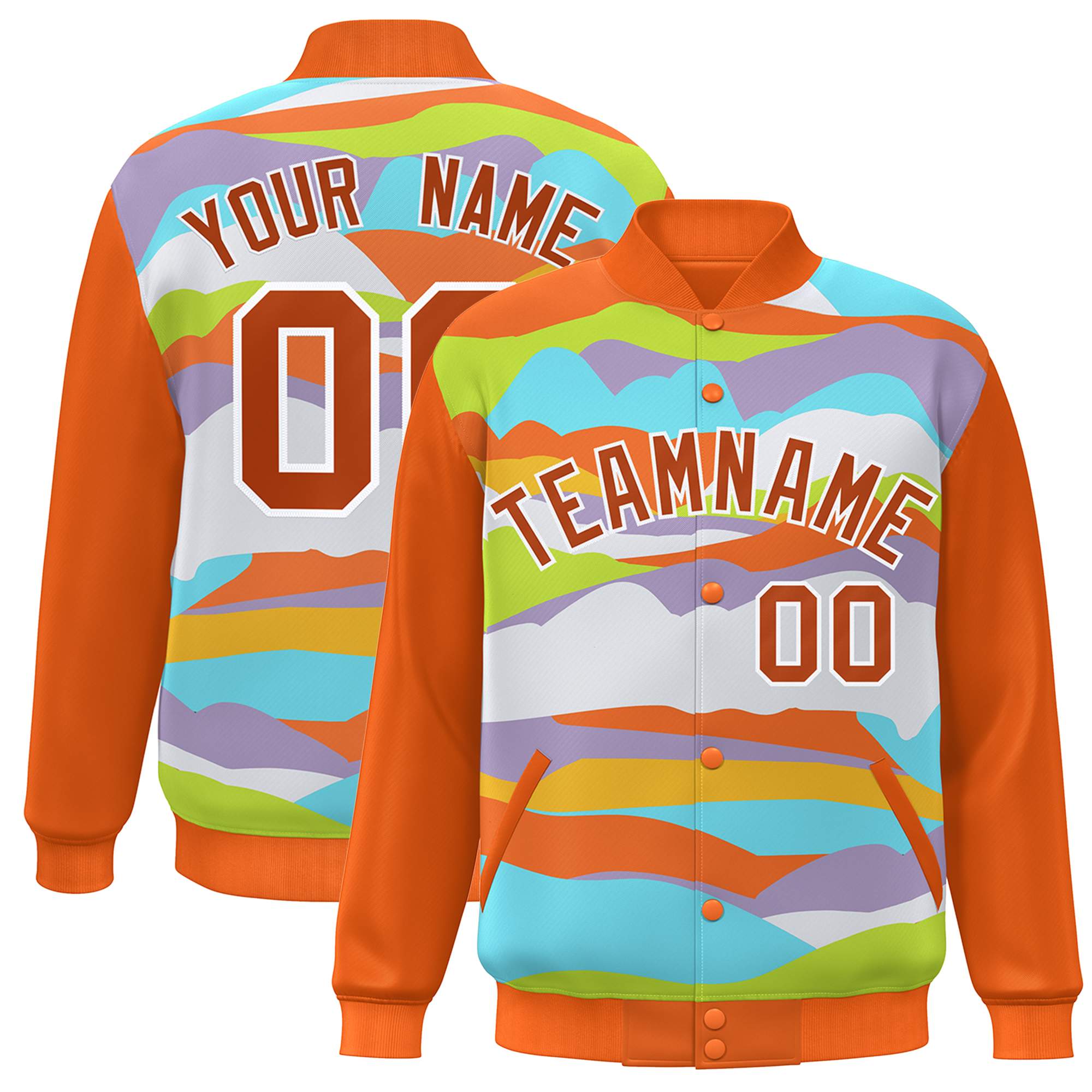 Custom Orange White Multi Clouds Graffiti Pattern Varsity Full-Snap Jacket