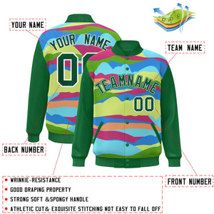 Custom Kelly Green White Multi Clouds Graffiti Pattern Varsity Full-Snap Jacket