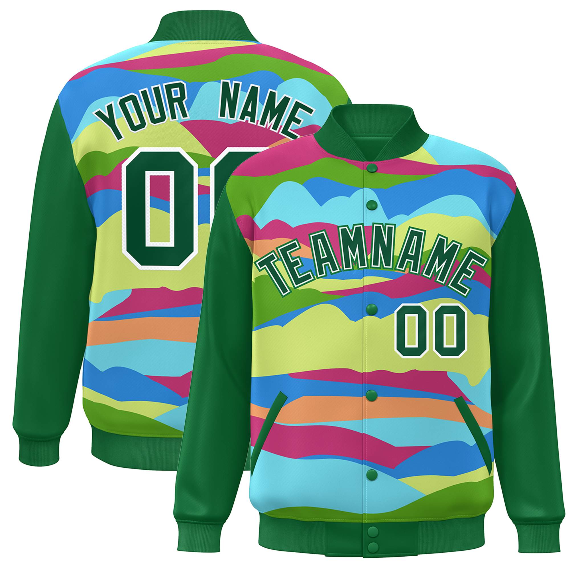 Custom Kelly Green White Multi Clouds Graffiti Pattern Varsity Full-Snap Jacket