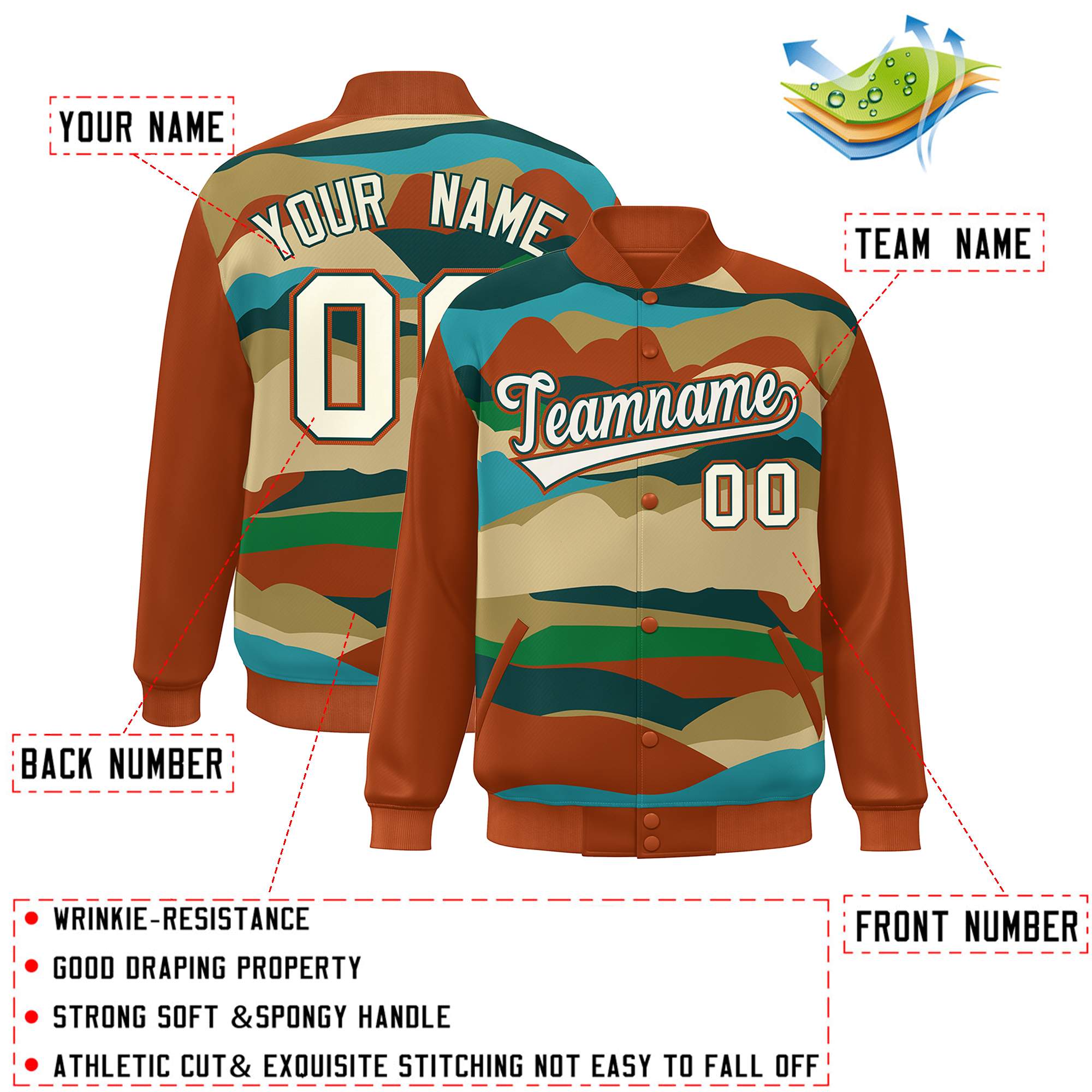 Custom Orange Khaki-Midnight Green Multi Clouds Graffiti Pattern Varsity Full-Snap Jacket