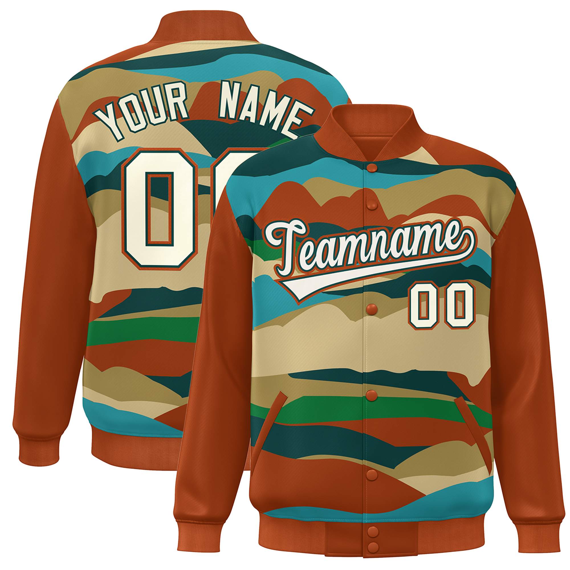 Custom Orange Khaki-Midnight Green Multi Clouds Graffiti Pattern Varsity Full-Snap Jacket