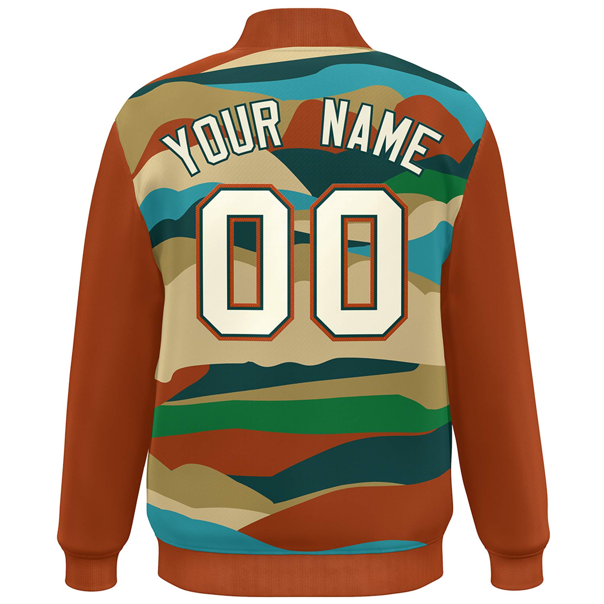 Custom Orange Khaki-Midnight Green Multi Clouds Graffiti Pattern Varsity Full-Snap Jacket