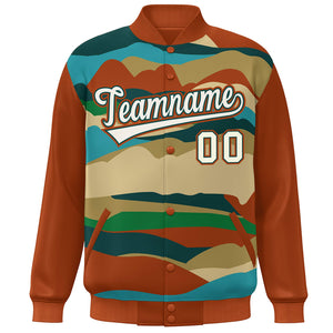 Custom Orange Khaki-Midnight Green Multi Clouds Graffiti Pattern Varsity Full-Snap Jacket