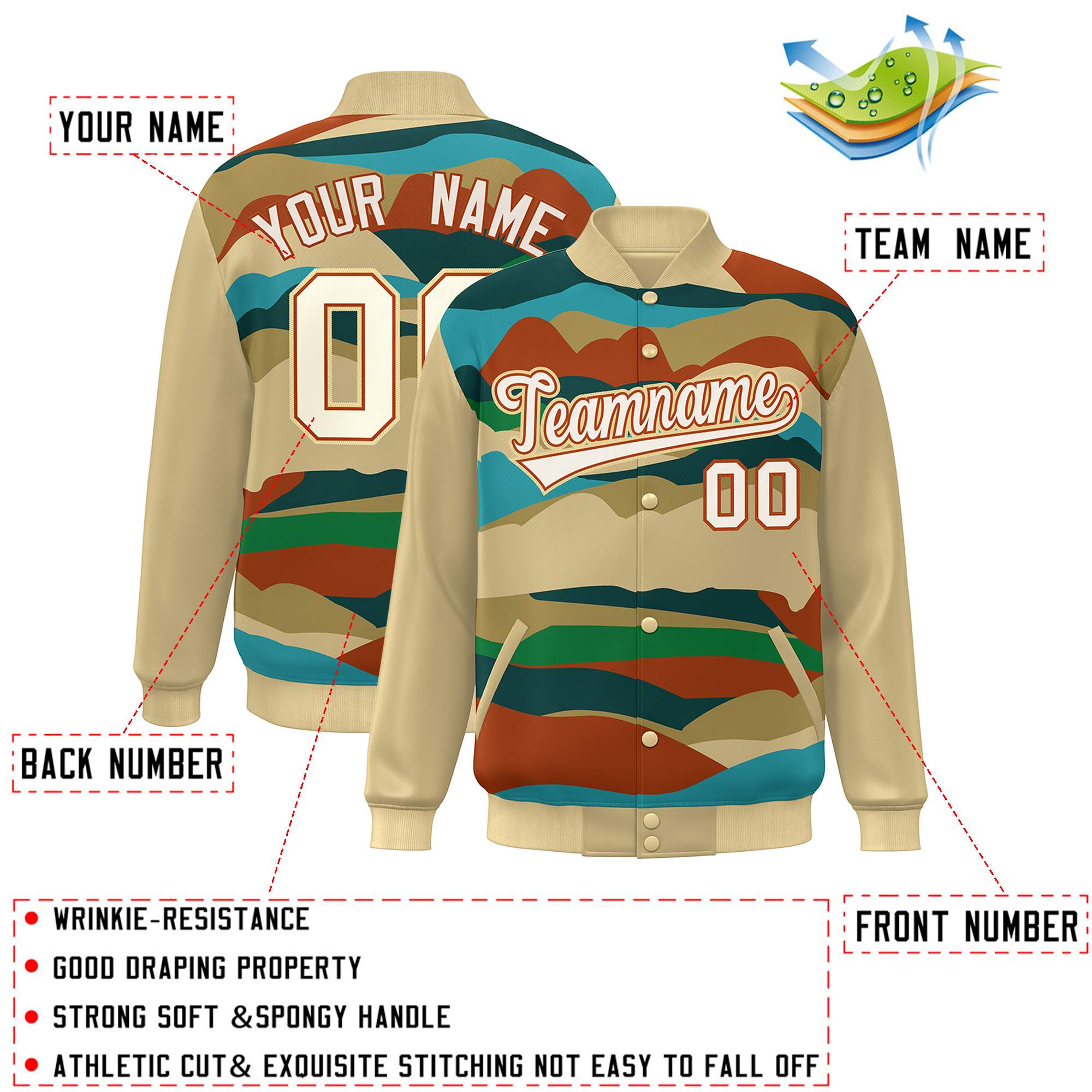 Custom Khaki Cream-Orange Multi Clouds Graffiti Pattern Varsity Full-Snap Jacket