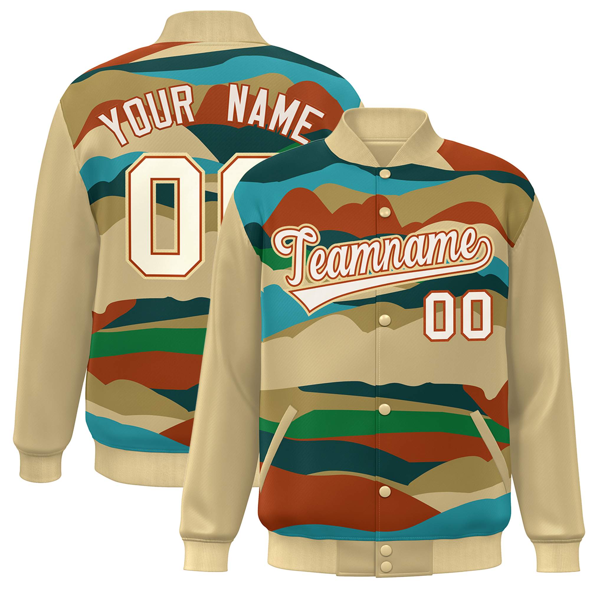 Custom Khaki Cream-Orange Multi Clouds Graffiti Pattern Varsity Full-Snap Jacket