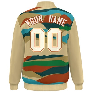 Custom Khaki Cream-Orange Multi Clouds Graffiti Pattern Varsity Full-Snap Jacket