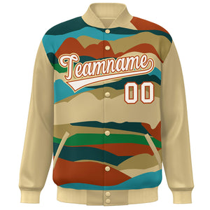 Custom Khaki Cream-Orange Multi Clouds Graffiti Pattern Varsity Full-Snap Jacket