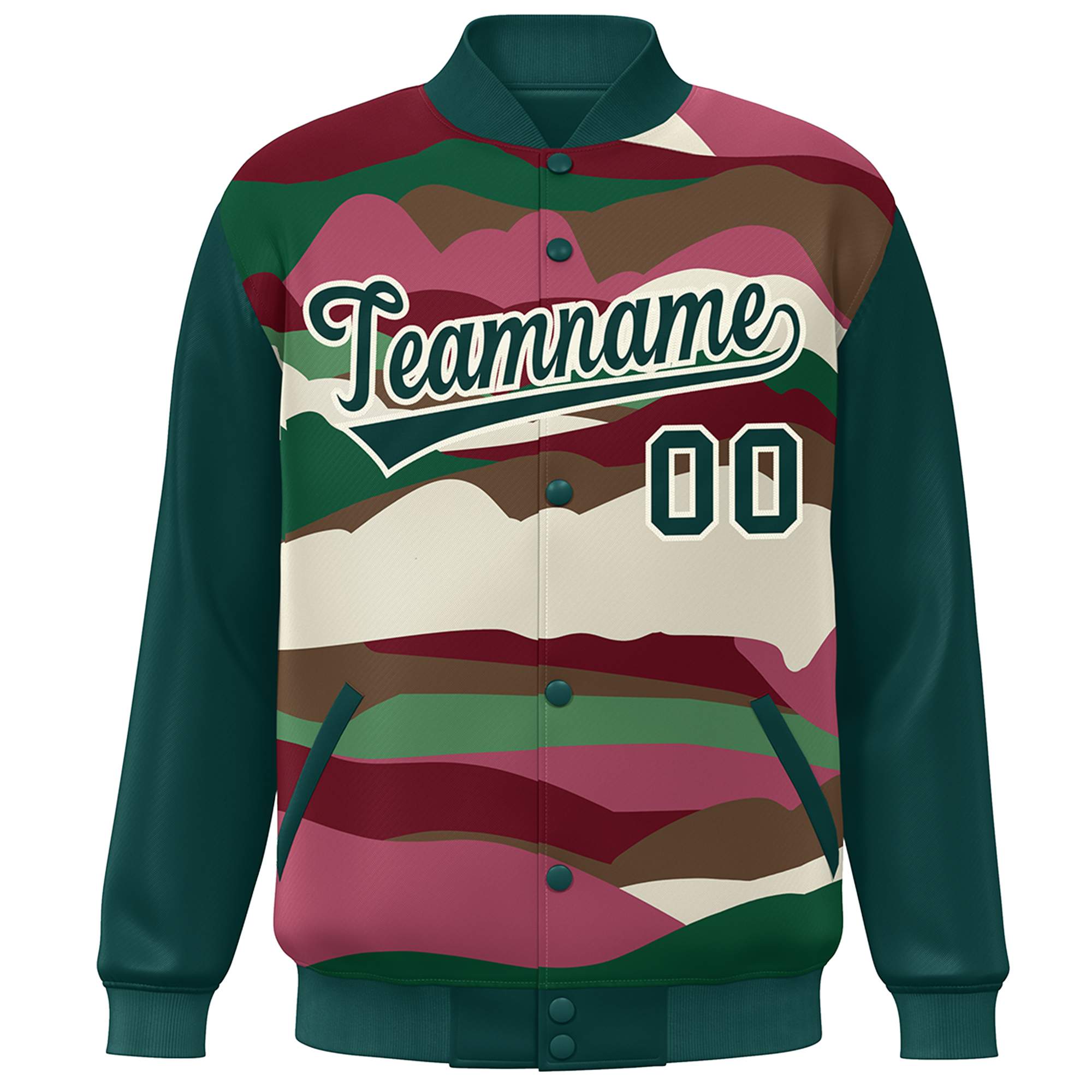 Custom Midnight Green Cream Multi Clouds Graffiti Pattern Varsity Full-Snap Jacket