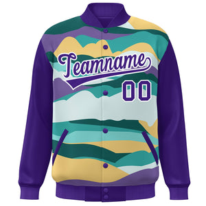 Custom Purple White Multi Clouds Graffiti Pattern Varsity Full-Snap Jacket