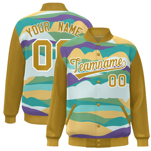 Custom Old Gold White Multi Clouds Graffiti Pattern Varsity Full-Snap Jacket