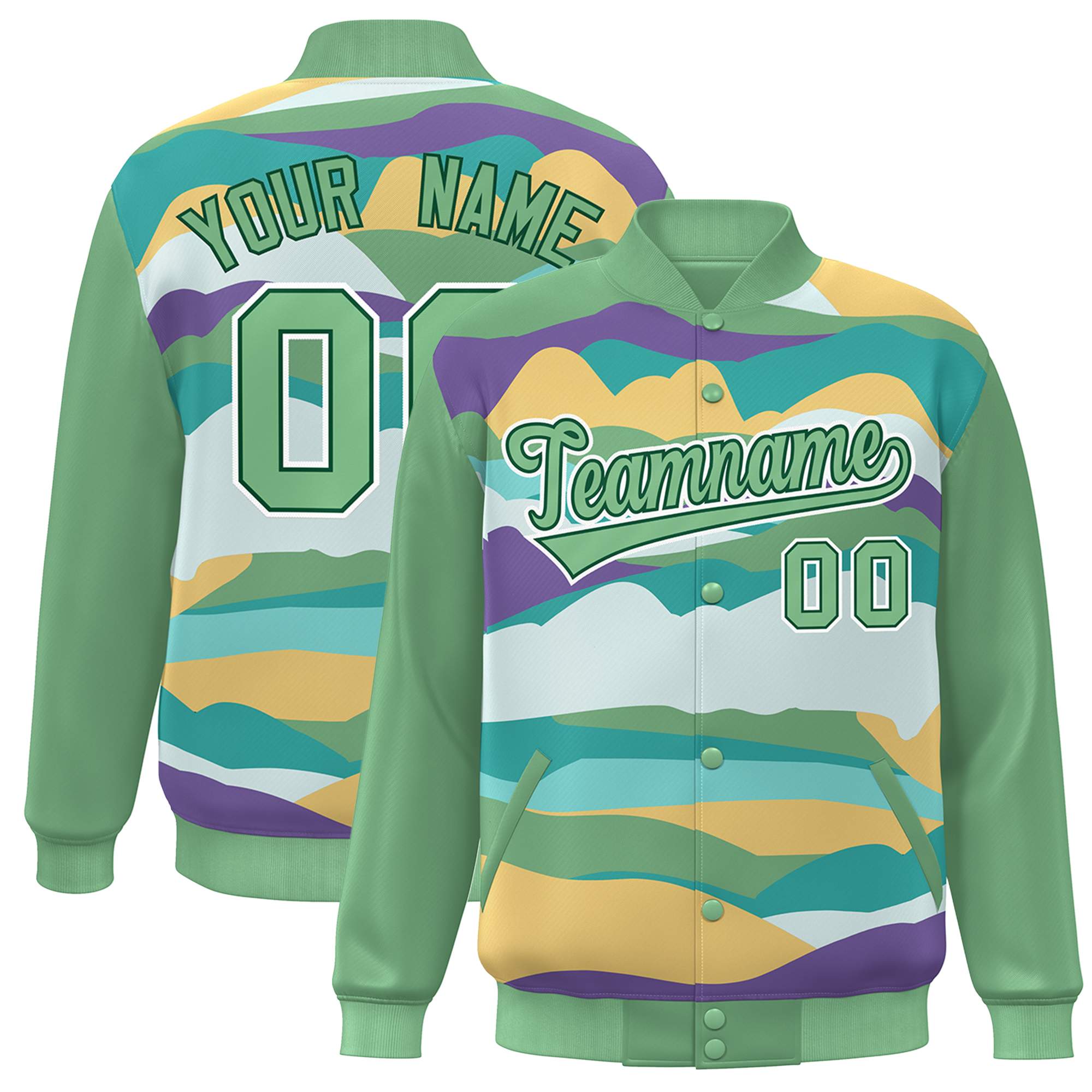 Custom Green White Multi Clouds Graffiti Pattern Varsity Full-Snap Jacket