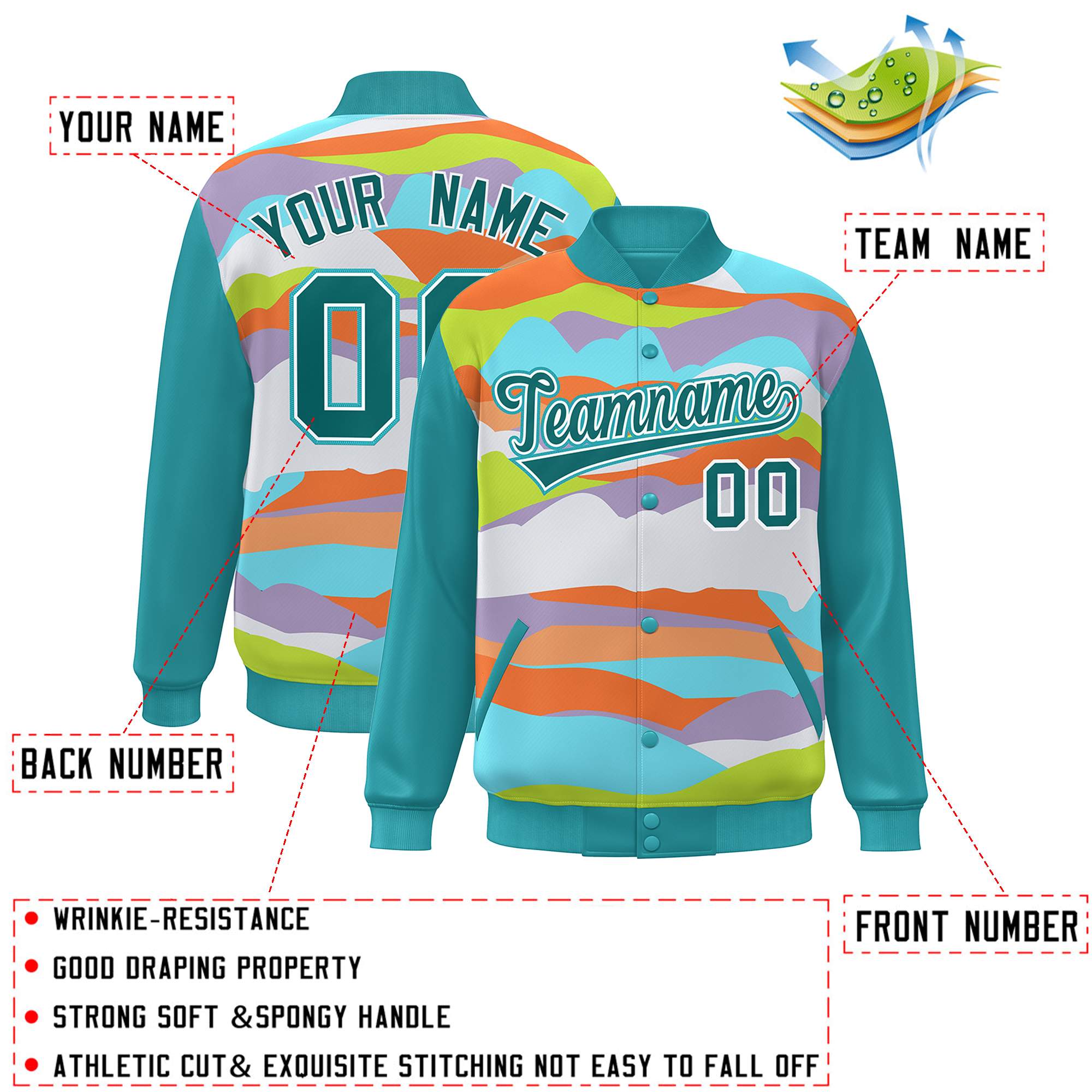 Custom Aqua White Multi Clouds Graffiti Pattern Varsity Full-Snap Jacket